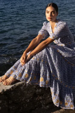 Oliphant V-Neck Cuffed Maxi- Veranda Blue