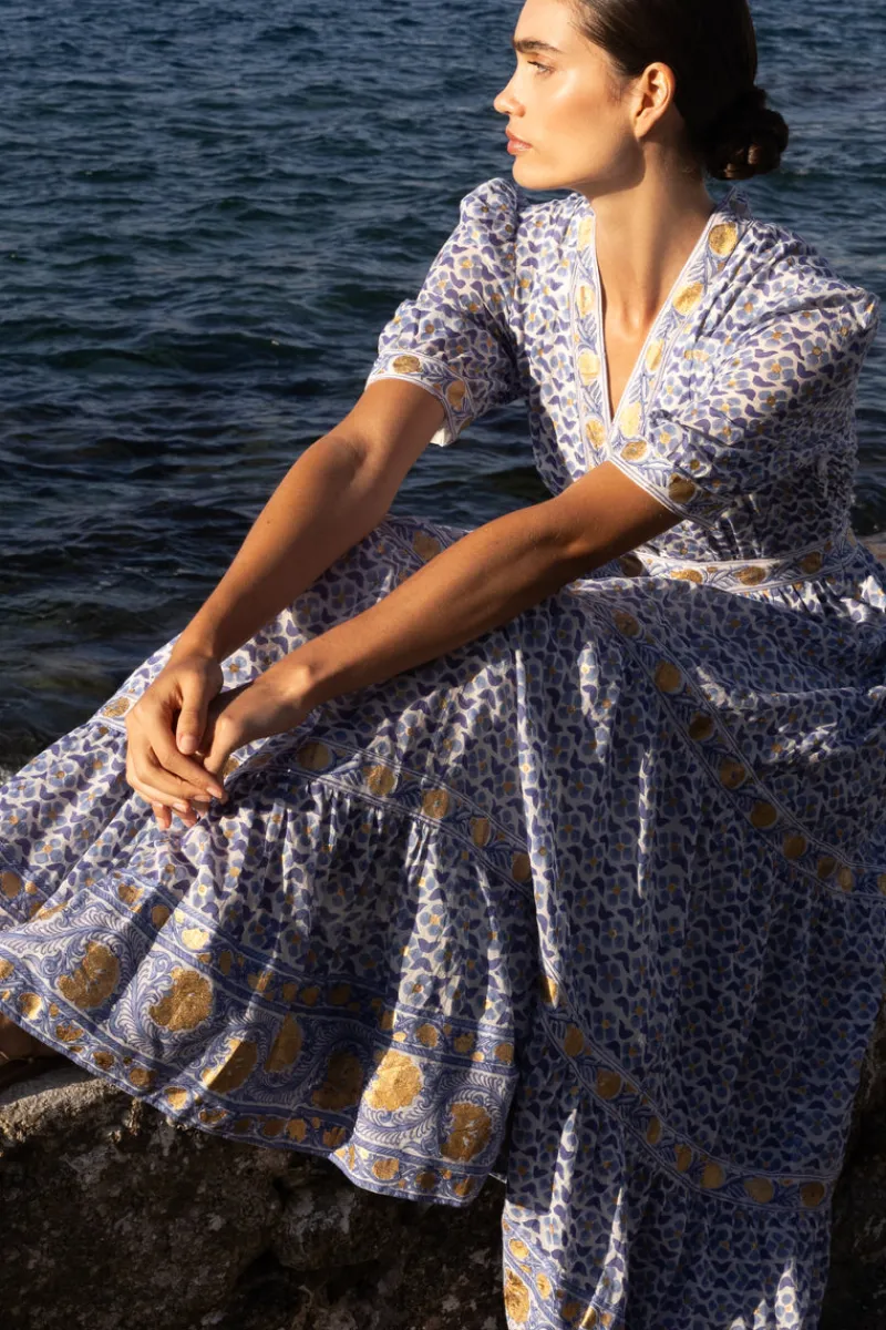 Oliphant V-Neck Cuffed Maxi- Veranda Blue
