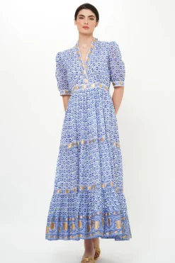 Oliphant V-Neck Cuffed Maxi- Veranda Blue