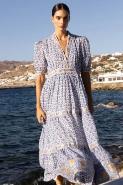 Oliphant V-Neck Cuffed Maxi- Veranda Blue