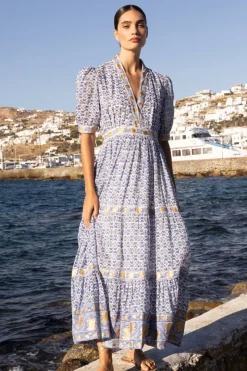 Oliphant V-Neck Cuffed Maxi- Veranda Blue