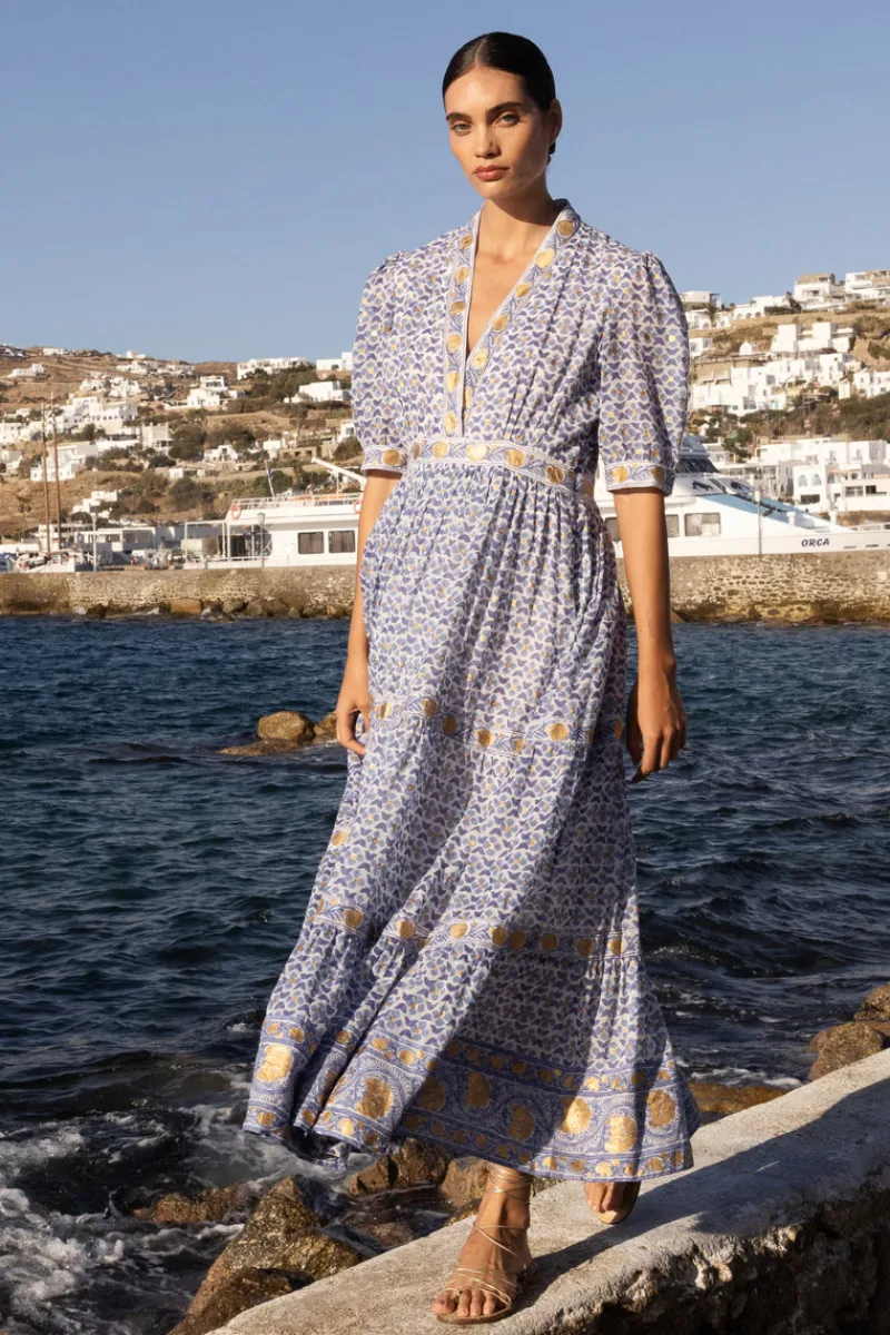Oliphant V-Neck Cuffed Maxi- Veranda Blue