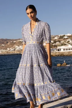 Oliphant V-Neck Cuffed Maxi- Veranda Blue
