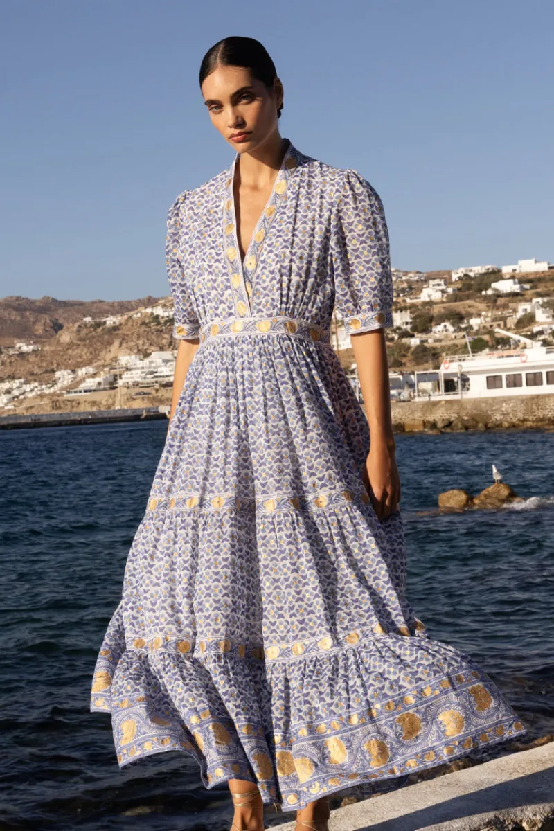 Oliphant V-Neck Cuffed Maxi- Veranda Blue