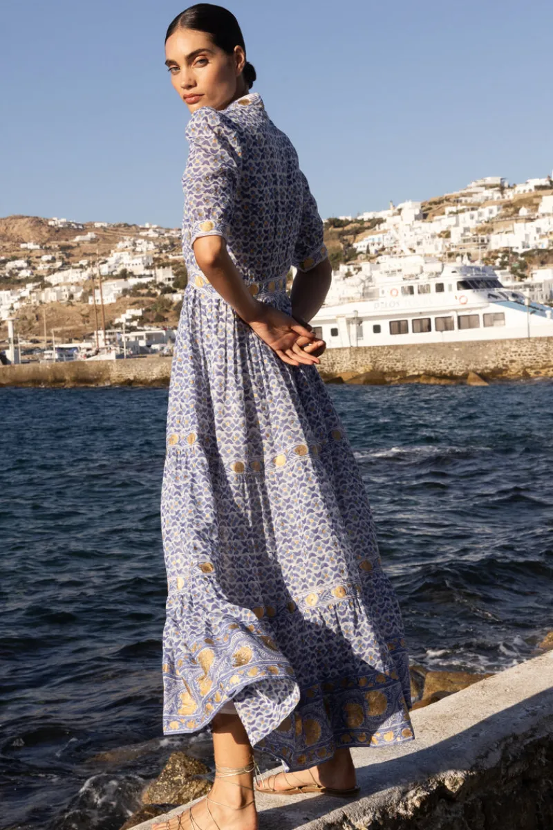 Oliphant V-Neck Cuffed Maxi- Veranda Blue