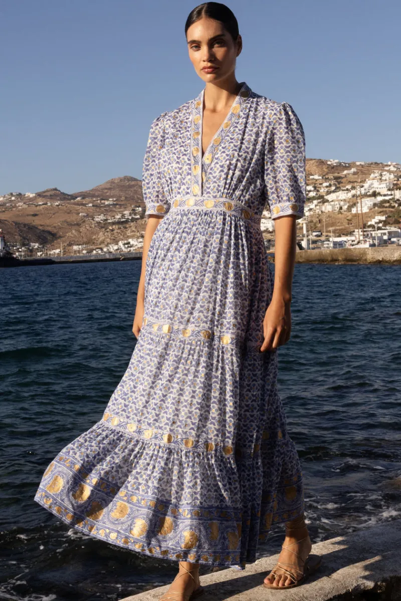 Oliphant V-Neck Cuffed Maxi- Veranda Blue
