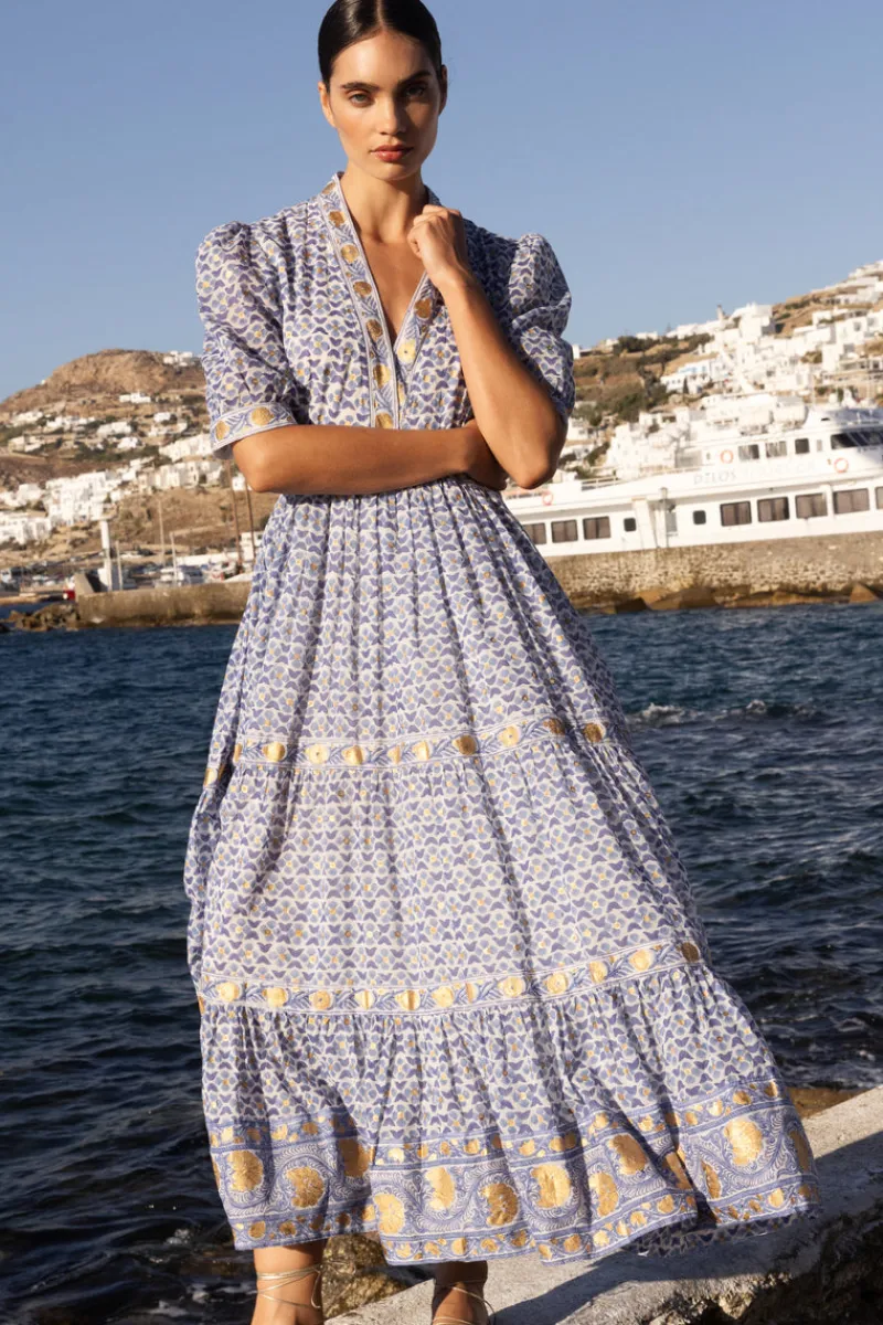 Oliphant V-Neck Cuffed Maxi- Veranda Blue