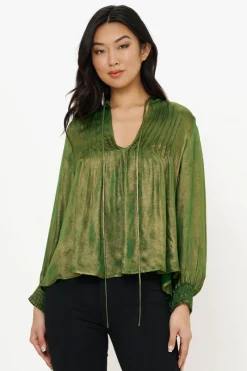 Oliphant V-Neck Pintuck Blouse- Cairo Green