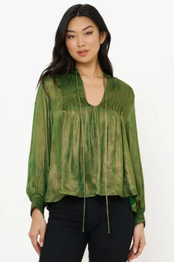 Oliphant V-Neck Pintuck Blouse- Cairo Green