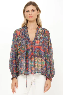 Oliphant V-Neck Pintuck Blouse- Persia Cobalt