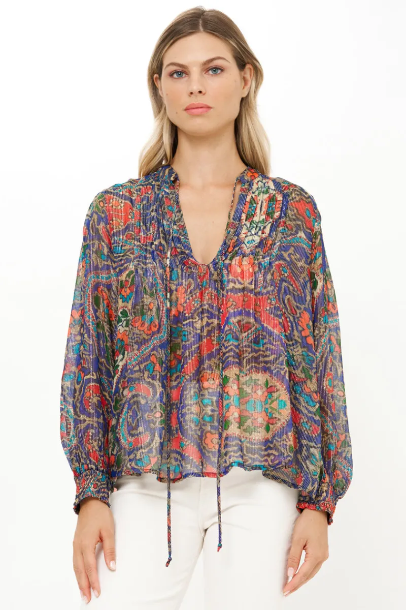 Oliphant V-Neck Pintuck Blouse- Persia Cobalt