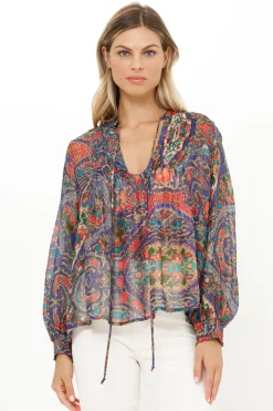 Oliphant V-Neck Pintuck Blouse- Persia Cobalt