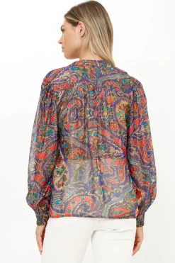 Oliphant V-Neck Pintuck Blouse- Persia Cobalt